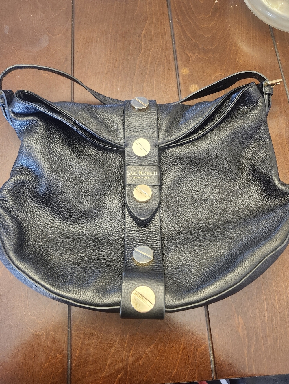 Isaac Mizrahi Black Pebbled Leather Hobo with Gold Disc Hardware